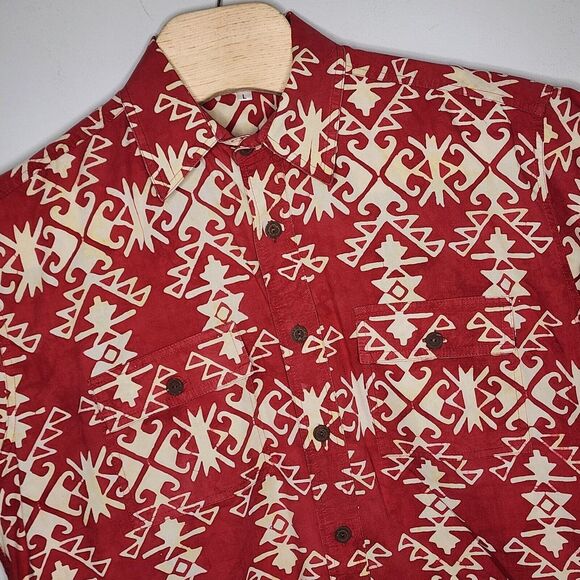 Orvis Other - ORVIS Men's Red/Off White BATIK Print 100% Cotton Short Sleeve Button Up SHIRT L